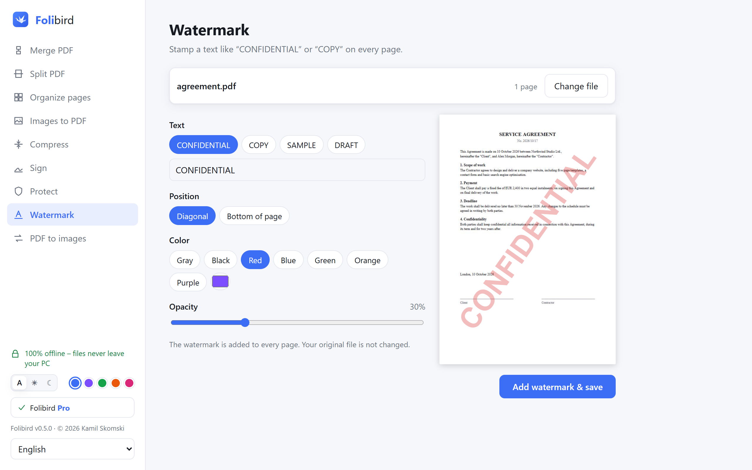 Adding a CONFIDENTIAL watermark in Folibird
